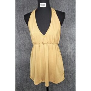 Y2K VNTG Wet Seal Gold Metallic Halter Tunic Top Large Micro Mini Dress V Neck